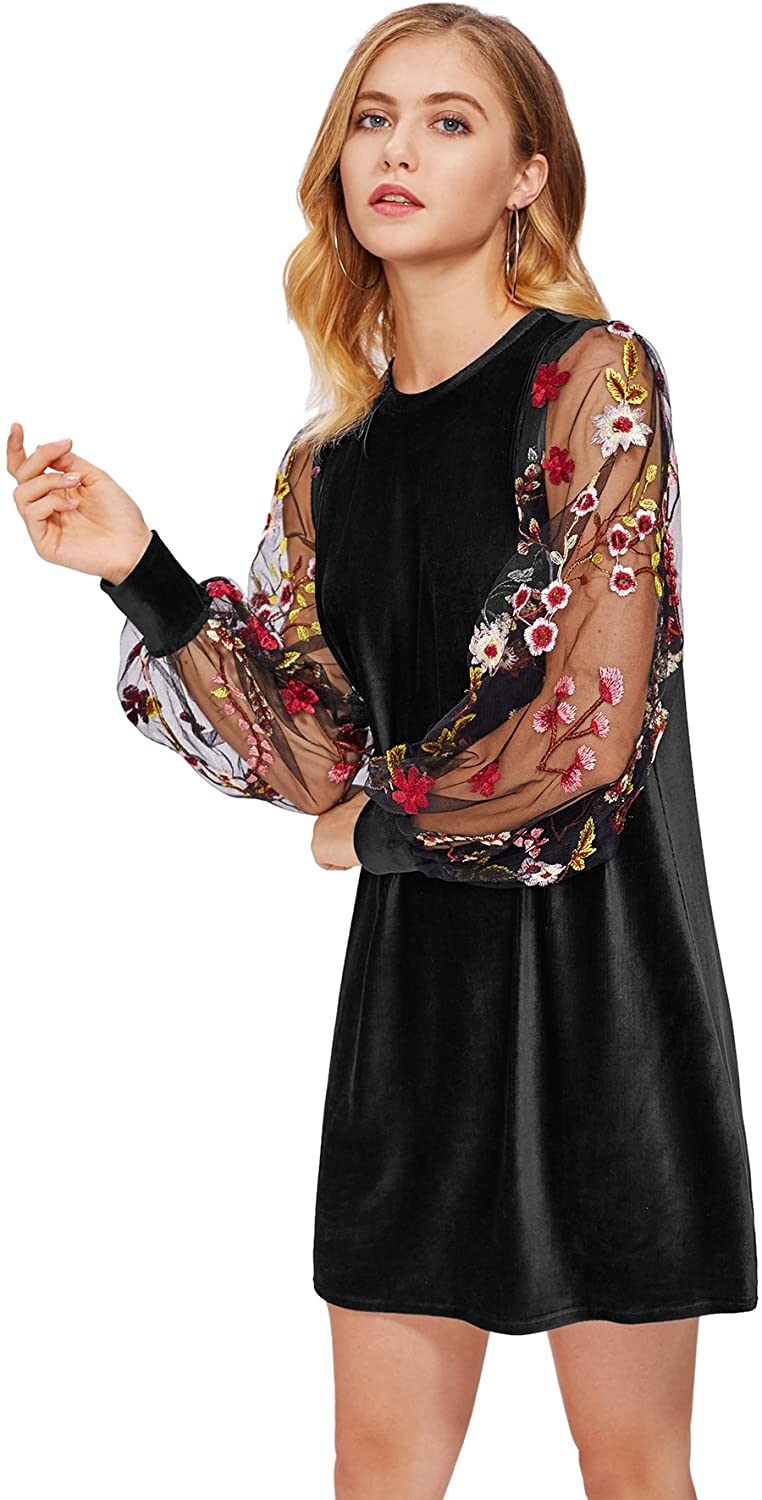 HHmei Womens Tunic Dress with Embroidered Floral Mesh Bishop Sleeve 